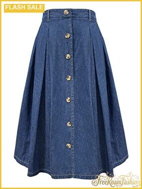 Pleated A-Line Midi Skirt Elastic Waist Button Front Flared Long Skirt Pockets